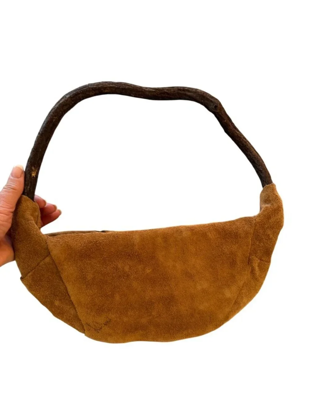 Vintage Handmade Bent Wood Suede Covered Wall Basket Brown Hobo Artist Signed